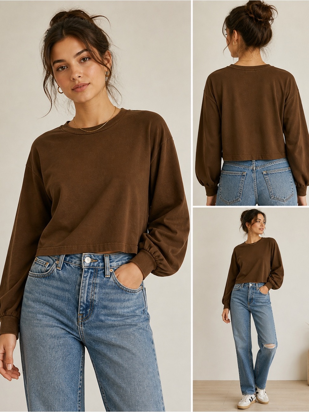 Madewell Cropped Sweatshirt Brown Balloon Sleeve Oversized Cotton Pullover M